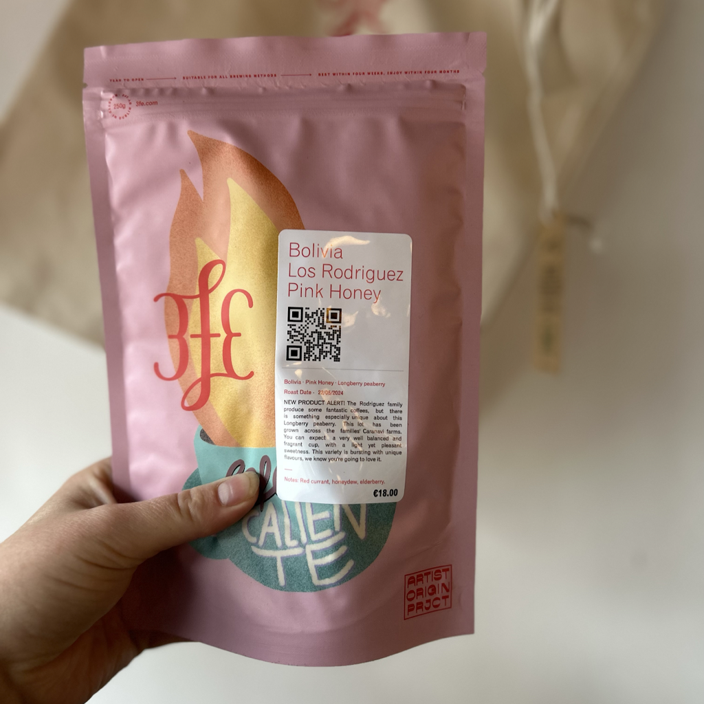 Bolivia - Los Rodriguez: Pink Honey, Longberry Peaberry 250g bags in the 3fe Roastery Bolivia - Los Rodriguez: Pink Honey, Longberry Peaberry 250g bags in the 3fe Roastery