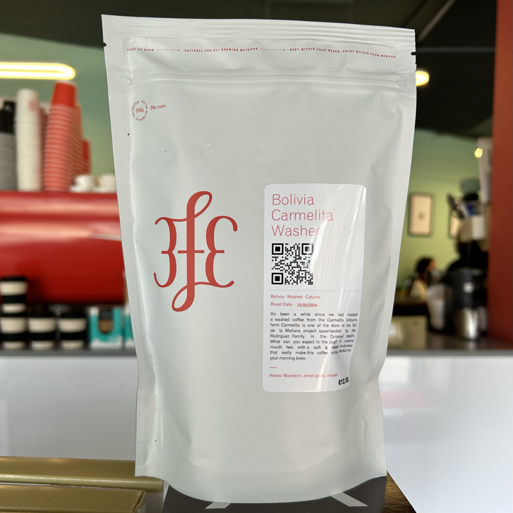 Bolivia - Carmelita: Washed, Caturra 250g bag in a 3fe cafe Bolivia - Carmelita: Washed, Caturra 250g bag in a 3fe cafe